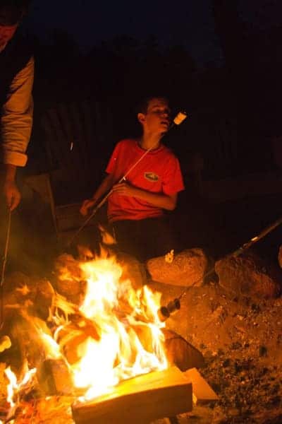 A boy in a red shirt roasts marshmallows over a campfire at night.